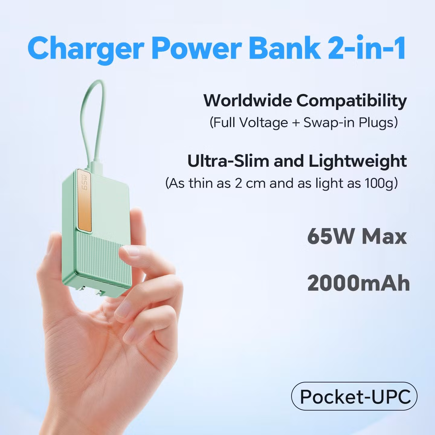 65W GaN Uninterruptible Power Charger Pd Fast Charging Power Bank 2000mAh with Wall Plug for